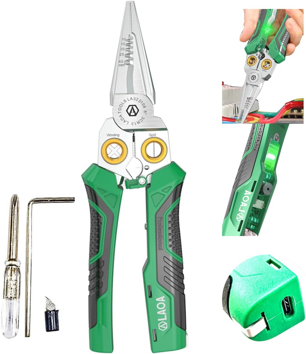 Wire Stripper Tool with Voltage Tester, 8-in-1 Electrician Pliers with Wire Cutter, Cable Splitter, Wire Puller and