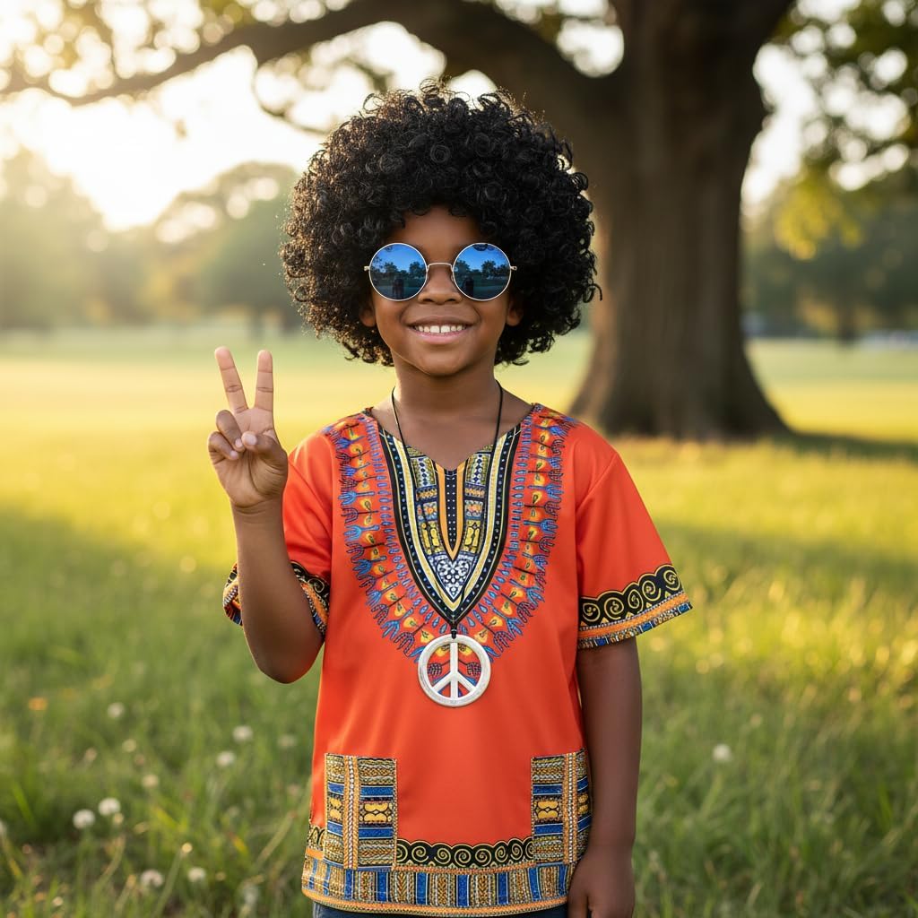 Kids Hippie Costume for Boys Girls 60s 70s 4 Pcs T-Shirt Afro Wig Set for Halloween Party Cosplay 3-12 Years