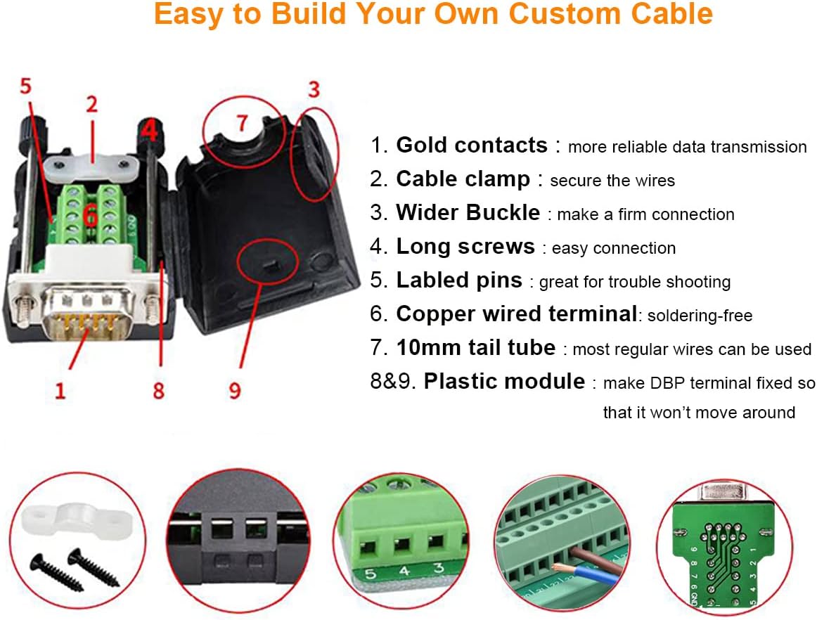 DTech DB9 Breakout Connector, Male RS232 Serial Adapter, Solderless Module Board with Screw Terminals, Case, Long Bolts, Tail Pipes