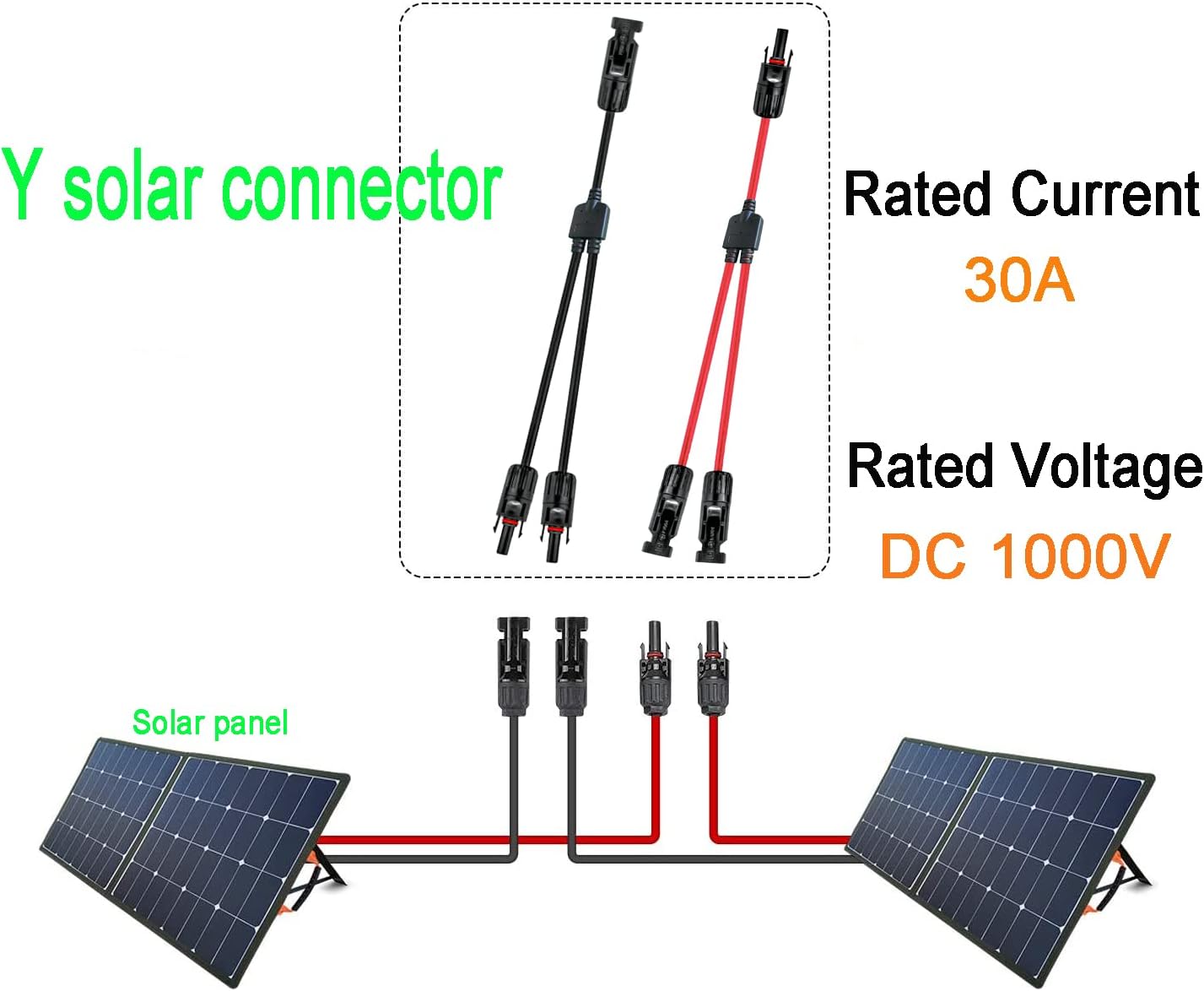Y Solar Connector 1 to 2 Solar Y Branch Connector Adapter | 1 Pair with 10AWG 45A Waterproof IP68 40cm Male Female