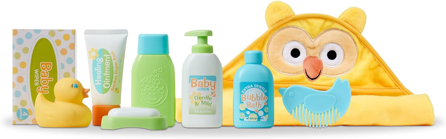 Melissa & Doug Mine to Love Changing & Bathtime Play Set for Dolls – Diapers, Pretend Shampoo,Wipes, Towel, More (19