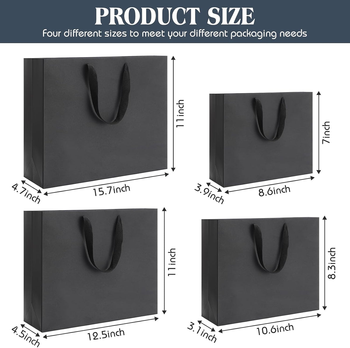 40 Pack Kraft Gift Bags with Handles 4 Sizes,Horizontal,Black