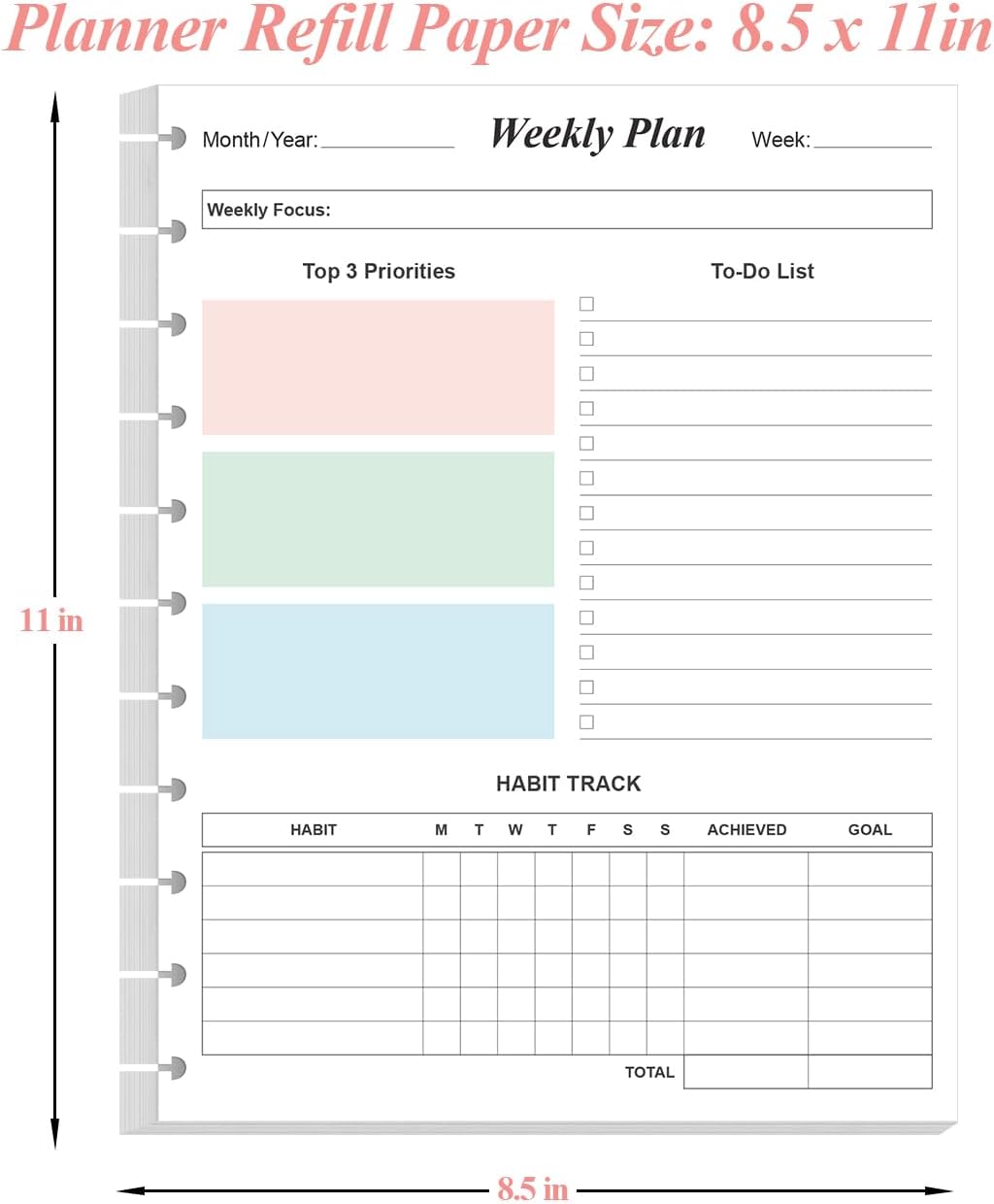 Weekly Planner Undated Refills - Letter Size 53 Sheets/106 Pages Colorful Weekly Planner for 11-Disc Discbound, TUL