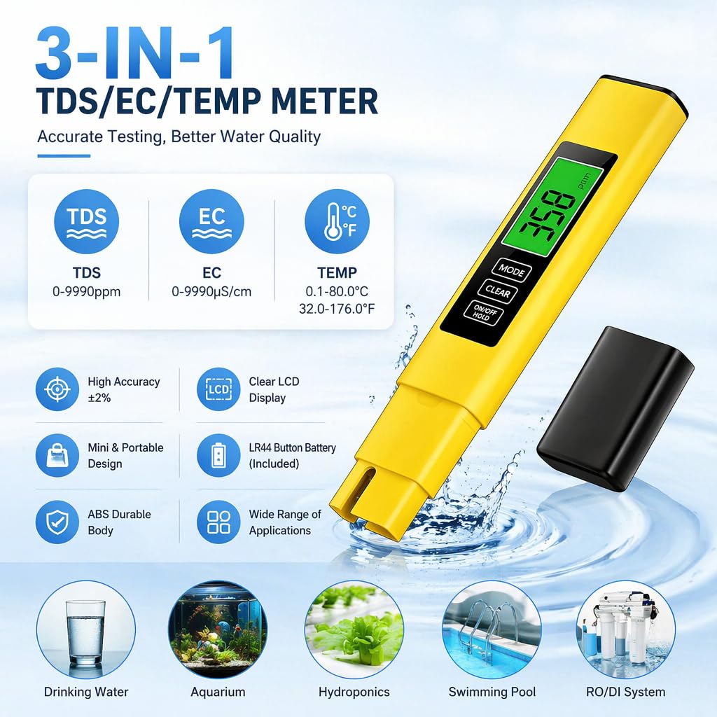 3-in-1 TDS Meter, EC/TDS/Temperature (°C/°F)，Water Tester, LCD Display, Drinking Water & Pool Quality
