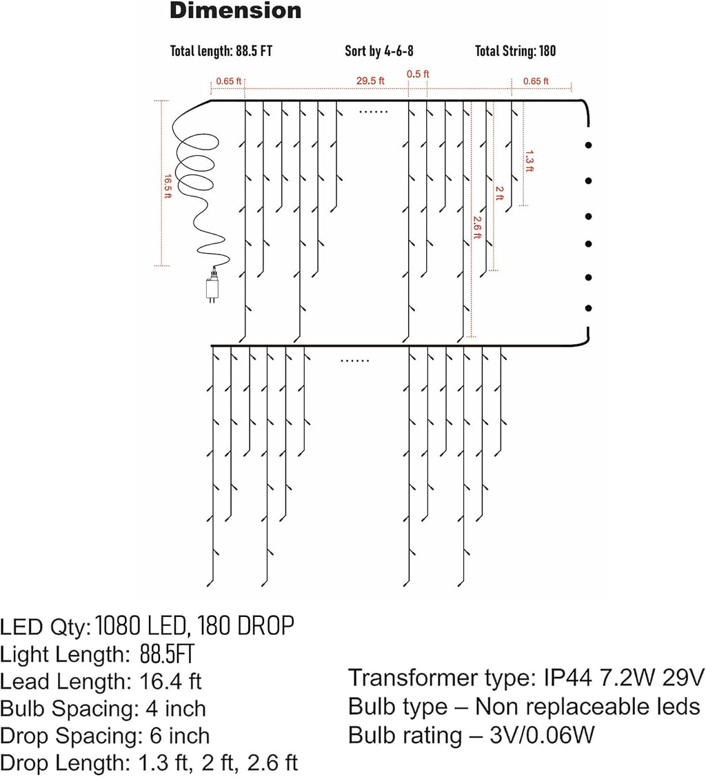 Christmas Icicle Lights, 88.5 FT 1080 LED 8 Modes Curtain Fairy Lights with 180 Drops, Xmas String Lights for Outdoor