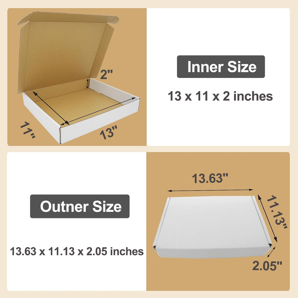 13x11x2" Box, White Shipping Boxes Mailer Flat Mailing Packaging Corrugated Cardboard Mailers for Business, 25 Pack