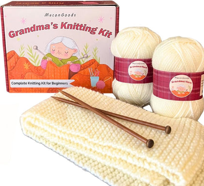 Grandma's Knitting Kit - Complete Knitting Kit for Beginners - Includes Beginner Yarn, Bamboo Needles, Video