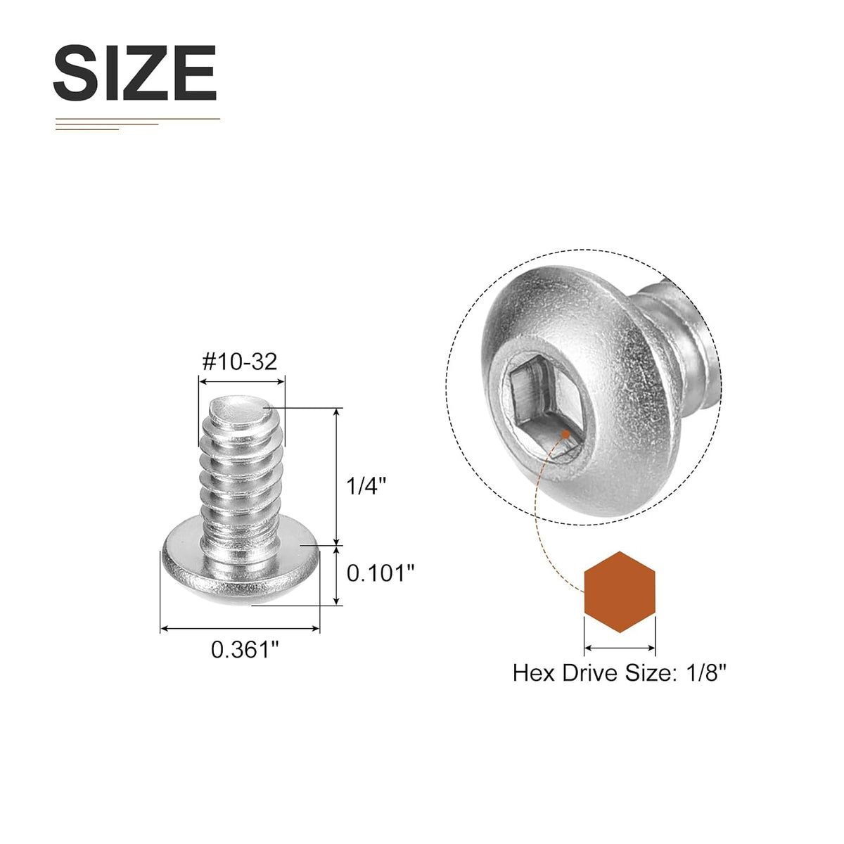 DTGN #10-32x1/4 Button Head Socket Cap Screws - 10Pack - Good for Machine - 304 Stainless Steel 18/8 - Hex Drive Full Thread UNC Fasteners