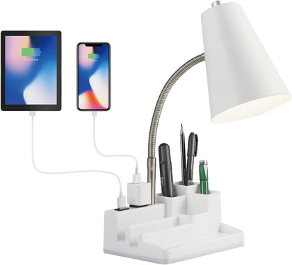 Desk Lamp Cute for Small Space, Lamp Desk with USB Port and Outlet, Desk Lamps for Home Office with Pen Holder, Study