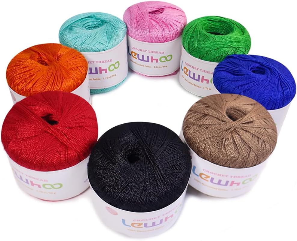 Crochet Thread, Size 10 Mercerized Cotton Lace Yarn Set | 8 Pearl 50g Balls Yarn for Hand Knitting