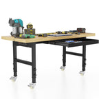 60" Adjustable Workbench with Wheels and Drawer, Solid Wood Rolling Work Bench Table with Power Outlet, Metal Tool