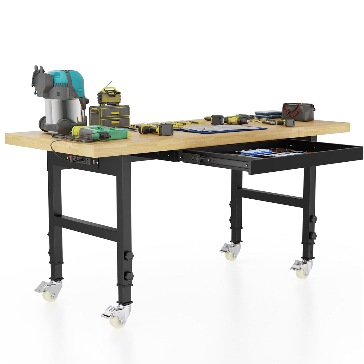 60" Adjustable Workbench with Wheels and Drawer, Solid Wood Rolling Work Bench Table with Power Outlet, Metal Tool