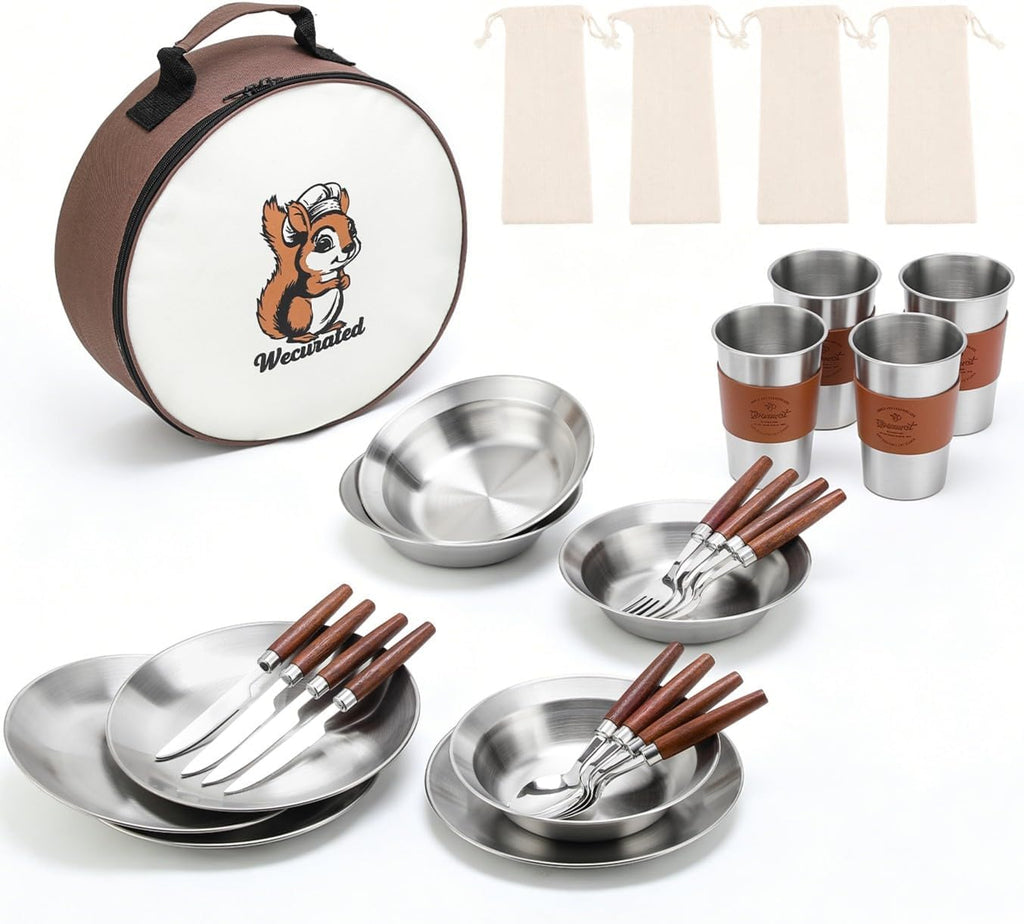 Camping Mess Kit, Stainless Steel Stylish Set | Bowls Plates Cups Forks Spoons and Knives, Camping Dishes Cutlery Set