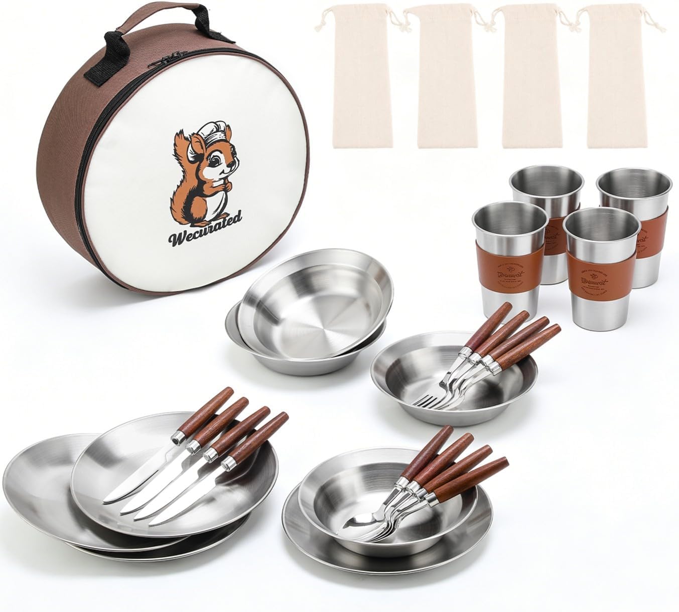 Camping Mess Kit, Stainless Steel Stylish Set | Bowls Plates Cups Forks Spoons and Knives, Camping Dishes Cutlery Set