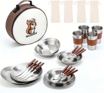 Camping Mess Kit, Stainless Steel Stylish Set | Bowls Plates Cups Forks Spoons and Knives, Camping Dishes Cutlery Set