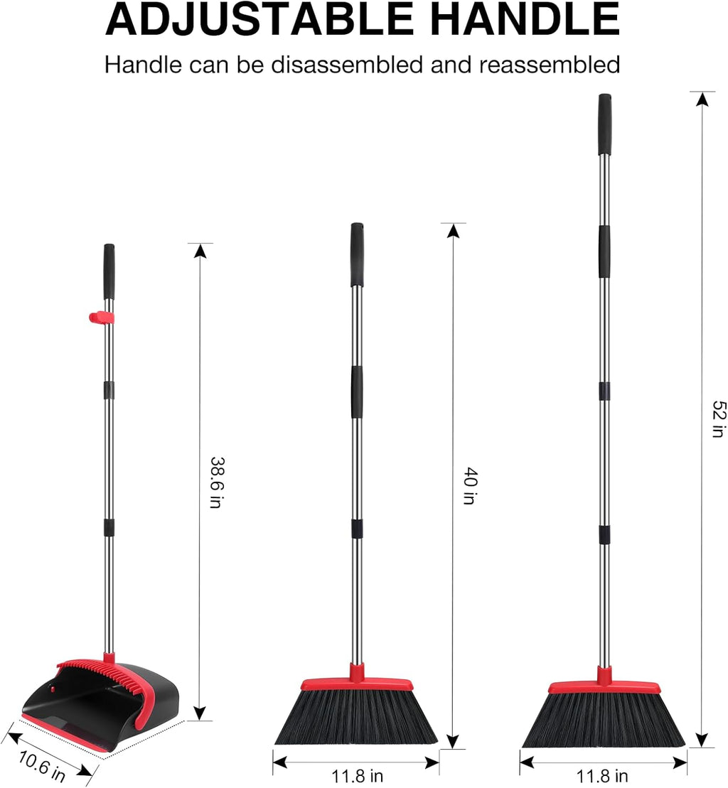 Broom and Dustpan Set, 52-in Long Adjustable Handle Broom Dustpan Combo with Dustpan Teeth to Automatically Clean
