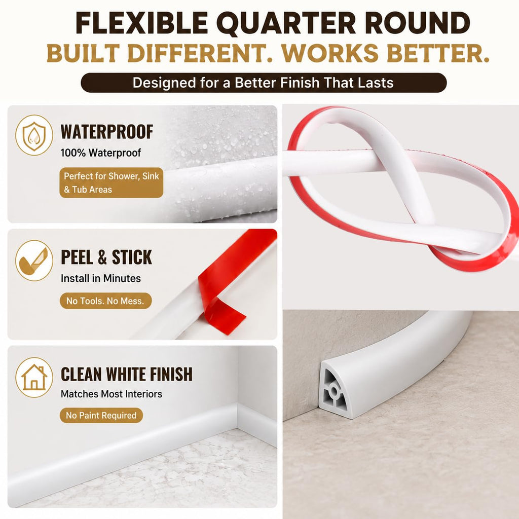 78 Inch Flexible Quarter Round Molding - Peel and Stick Shoe Molding Trim, Self-Adhesive Silicone Caulk Strip for