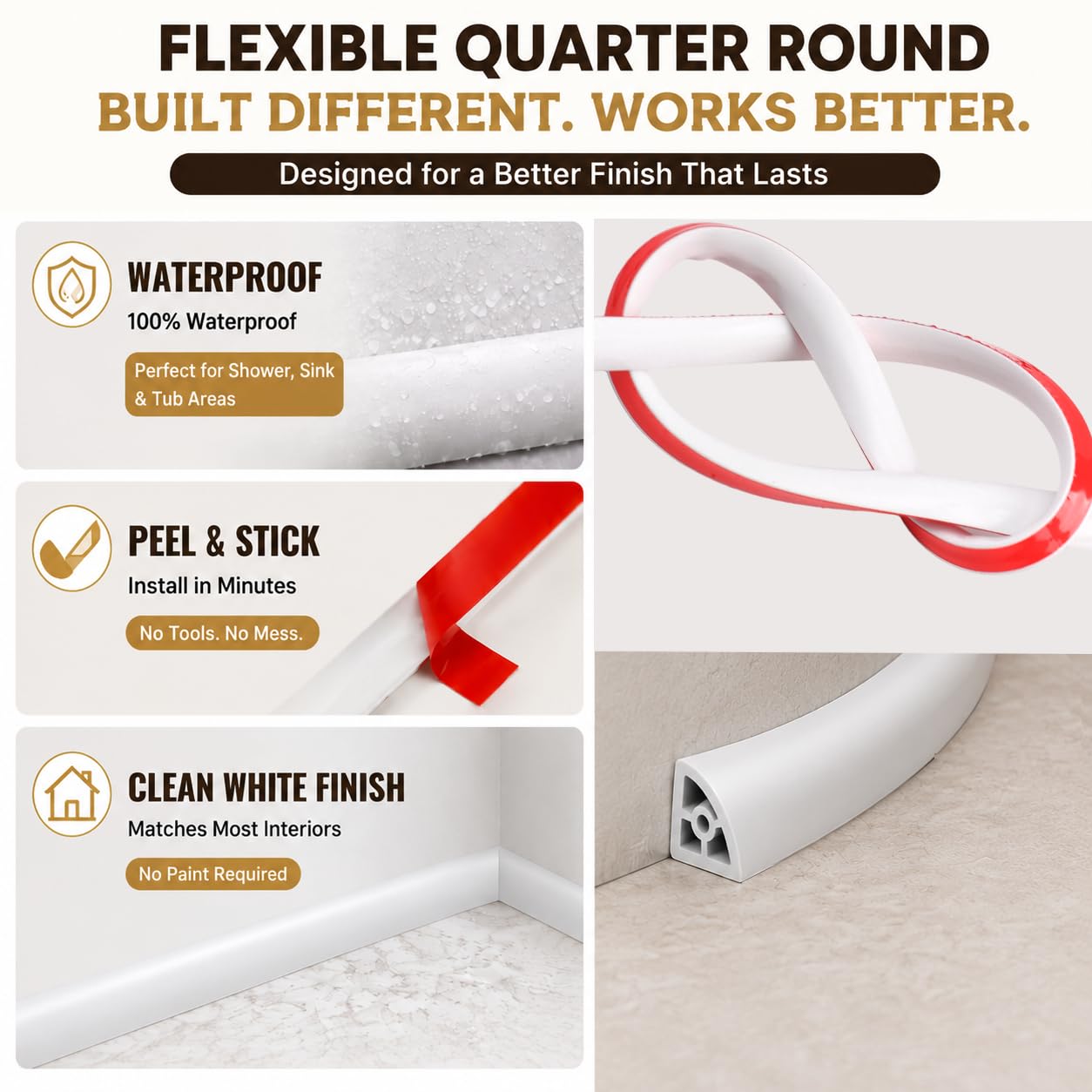 78 Inch Flexible Quarter Round Molding - Peel and Stick Shoe Molding Trim, Self-Adhesive Silicone Caulk Strip for