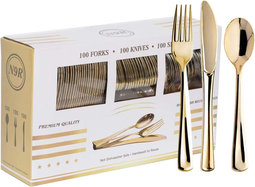 300PCS Gold Plastic Silverware, Disposable Plastic Cutlery/Utensils
