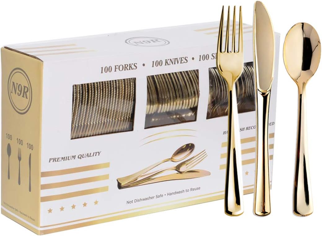 300PCS Gold Plastic Silverware, Disposable Plastic Cutlery/Utensils
