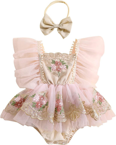Baby Girl Romper Dress Lace Tulle Tutu Bodysuit Jumpsuit Flowers Embroidery Skirt Infant Girl Spring Summer Clothes