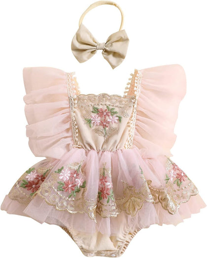 Baby Girl Romper Dress Lace Tulle Tutu Bodysuit Jumpsuit Flowers Embroidery Skirt Infant Girl Spring Summer Clothes