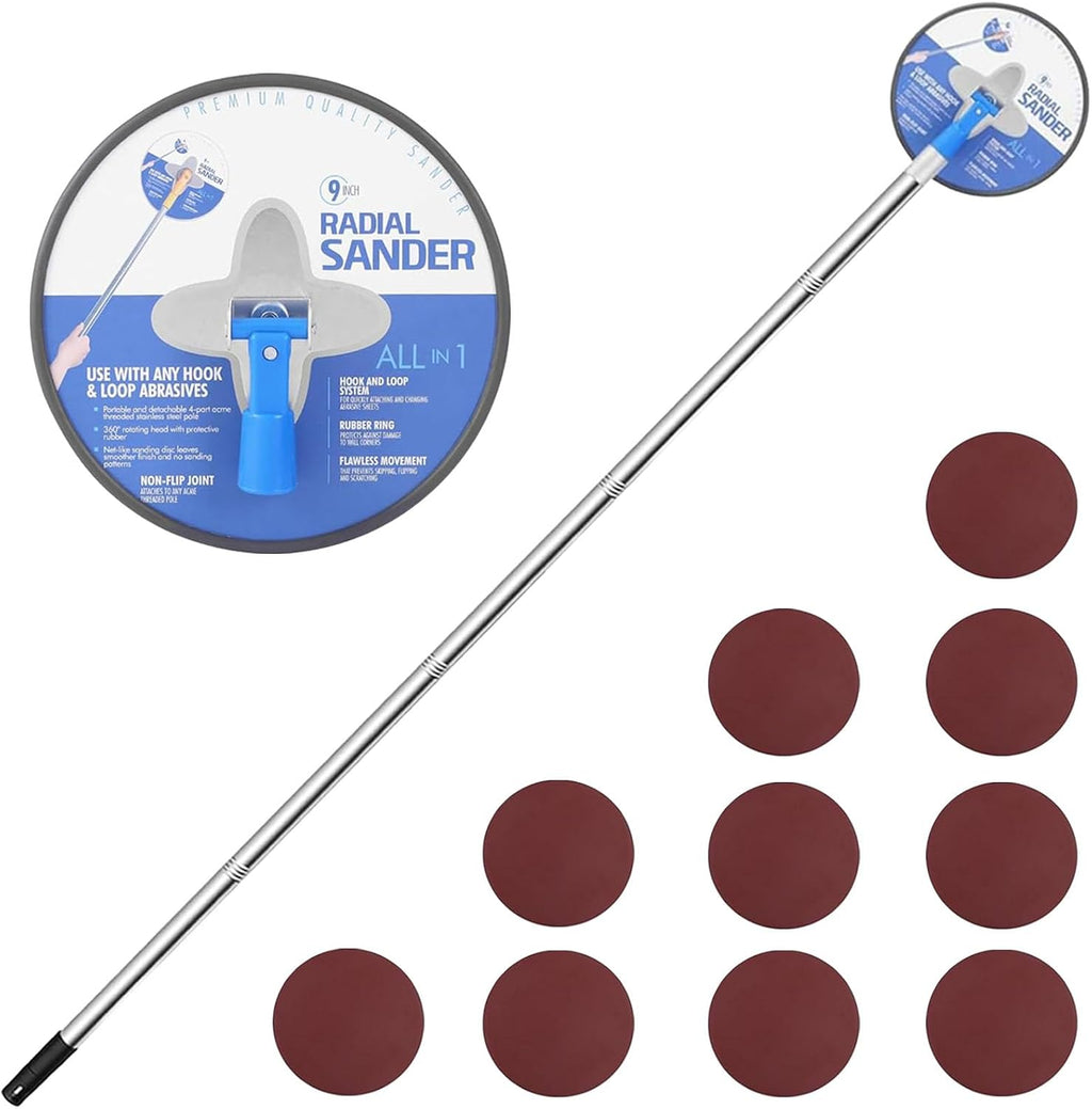 Drywall Pole Sander, 9 Inch Radial Sander with Adjustable Extension Pole, 360°Rotatable Round Circular Hand Sanding