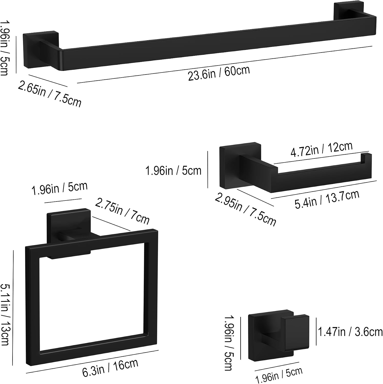 10-Pieces Matte Black Bathroom Accessories Set 23.6 Inch Towel Bar Set. | SUS 304 Stainless Steel Bathroom Hardware