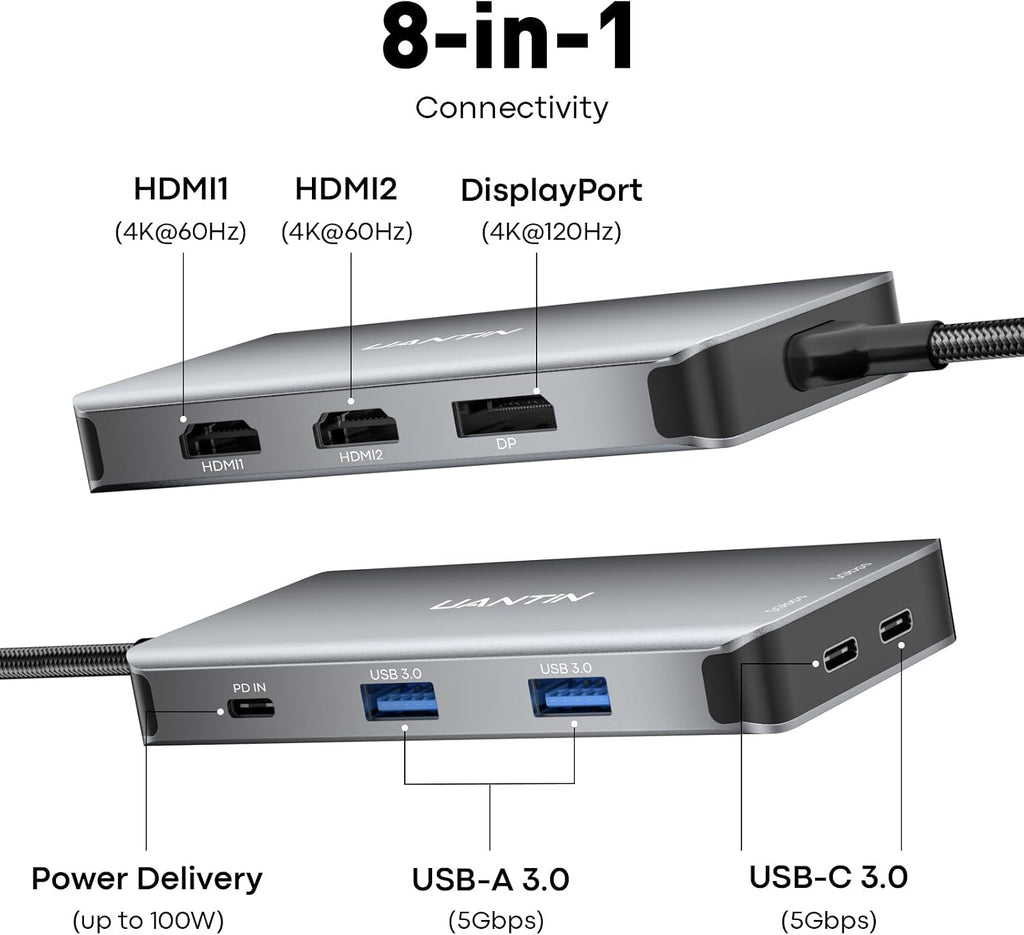 USB C Docking Station Dual Monitor, Laptop Docking Station 3 Monitor | 8 in 1 USBC Hub Triple Display USB C Adapter