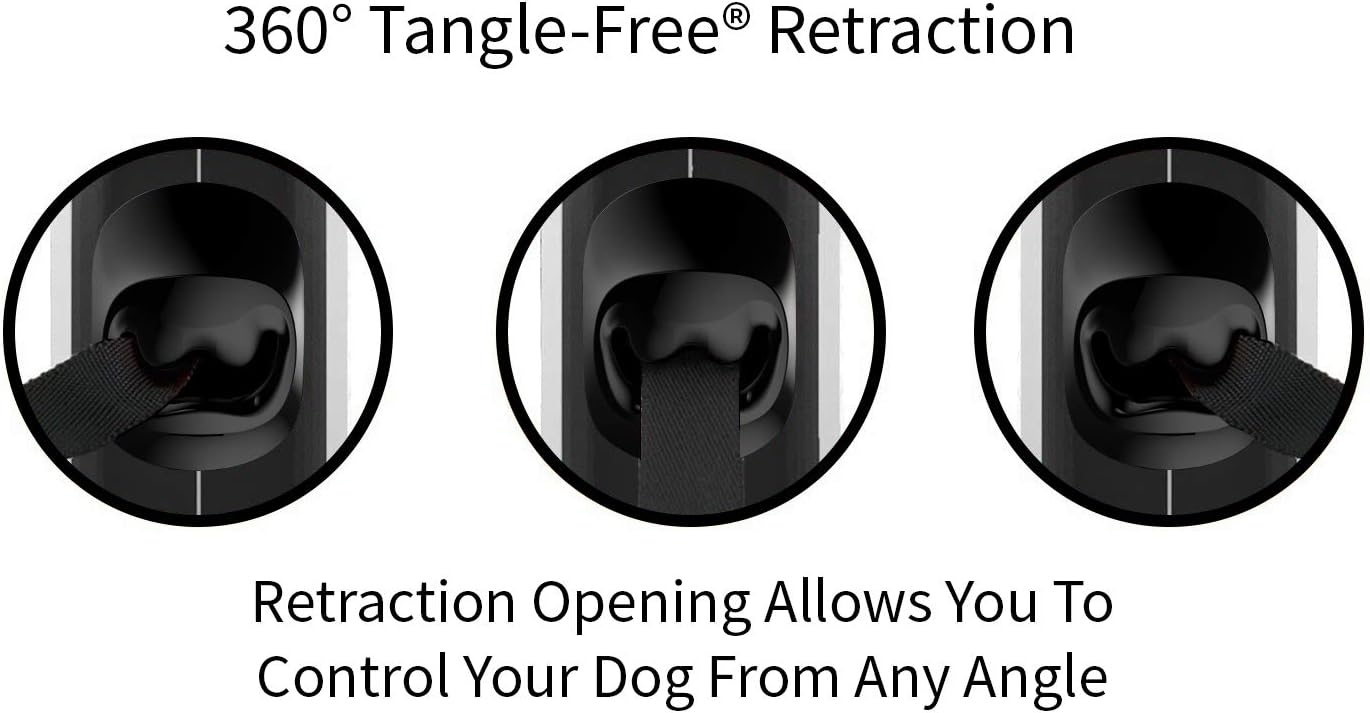 360° Tangle-Free Retractable Dog Leash | 16 ft Strong Nylon Tape | One-Handed Brake, Pause, Lock (Medium, White)