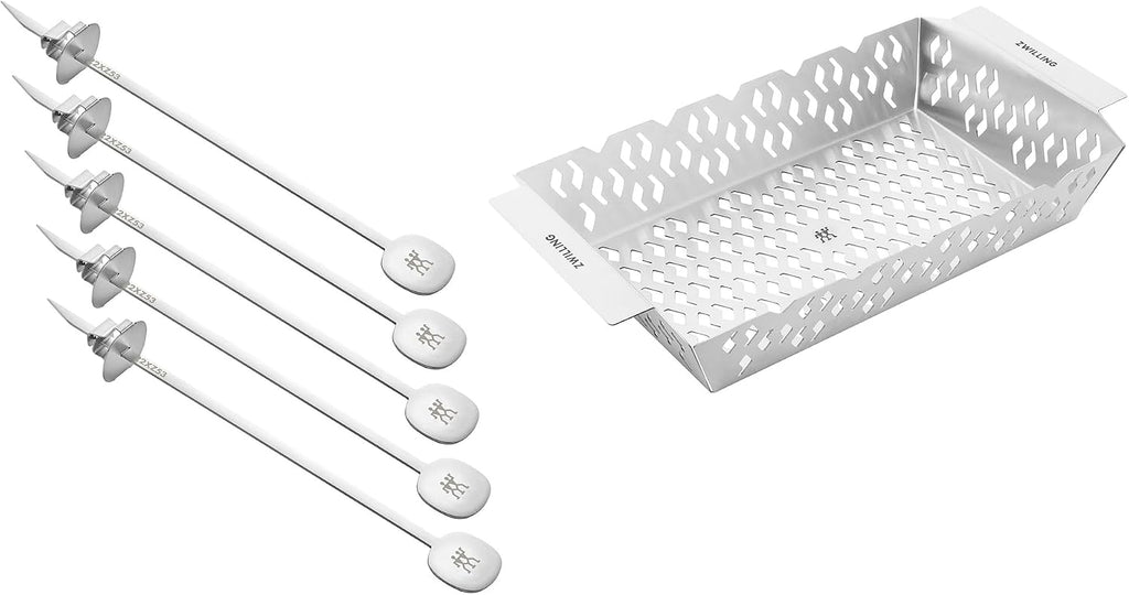 BBQ+ Kabob Skewer and Grill Basket Set, 6-Piece Stainless Steel Grill Kit with 5 Skewers and Medium Basket