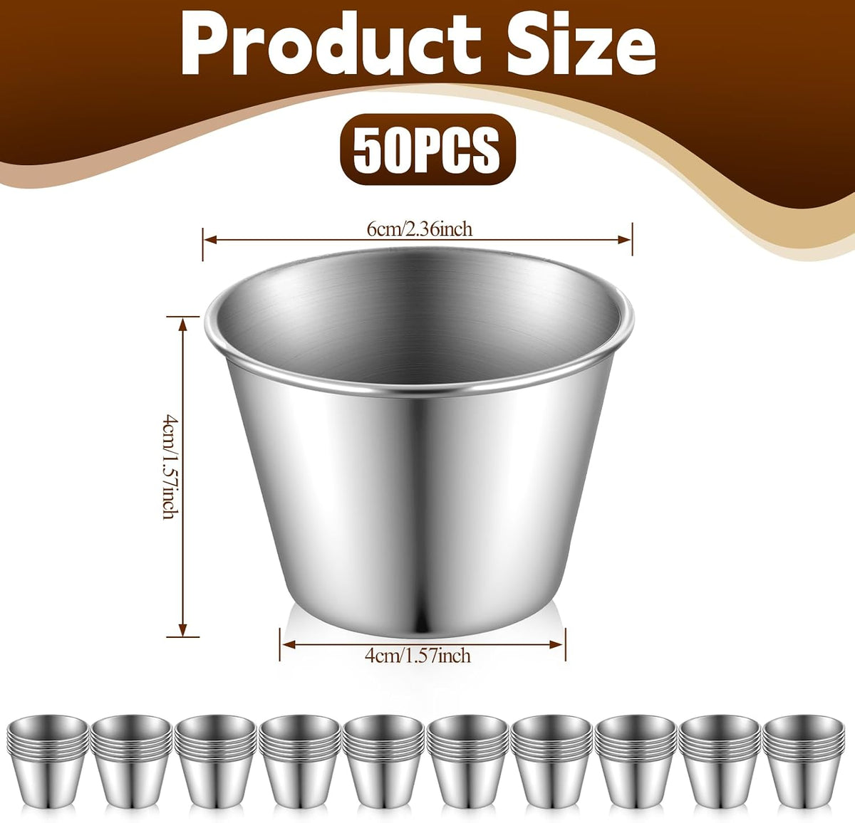 50 Pcs 2.5oz Stainless Steel Dipping Sauce Cup Mini Dip Bowls