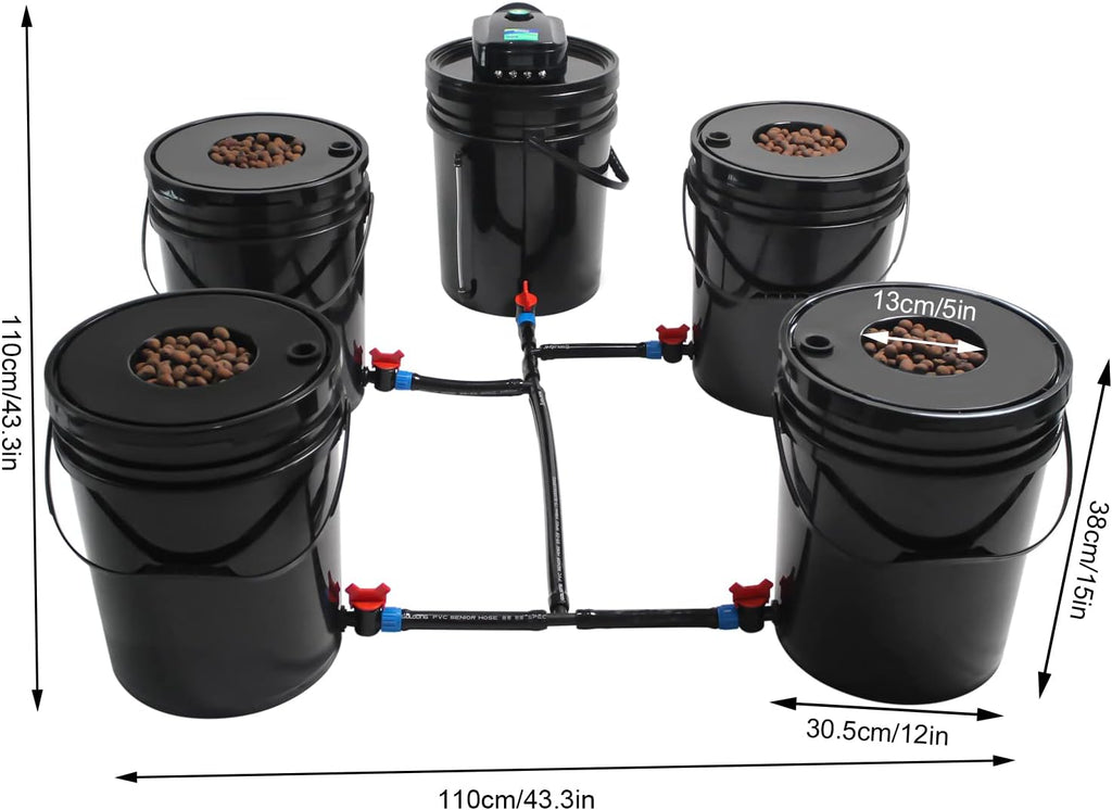 DWC Hydroponics System,5.28 Gallon 5 Buckets Deep Water Culture Hydroponic Bucket Kit with Air Pump, Recirculating