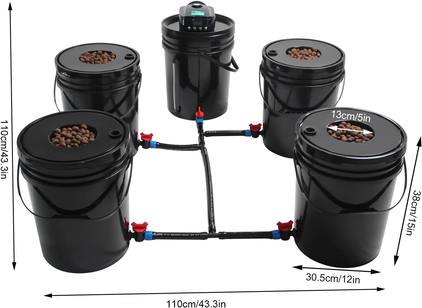 DWC Hydroponics System,5.28 Gallon 5 Buckets Deep Water Culture Hydroponic Bucket Kit with Air Pump, Recirculating