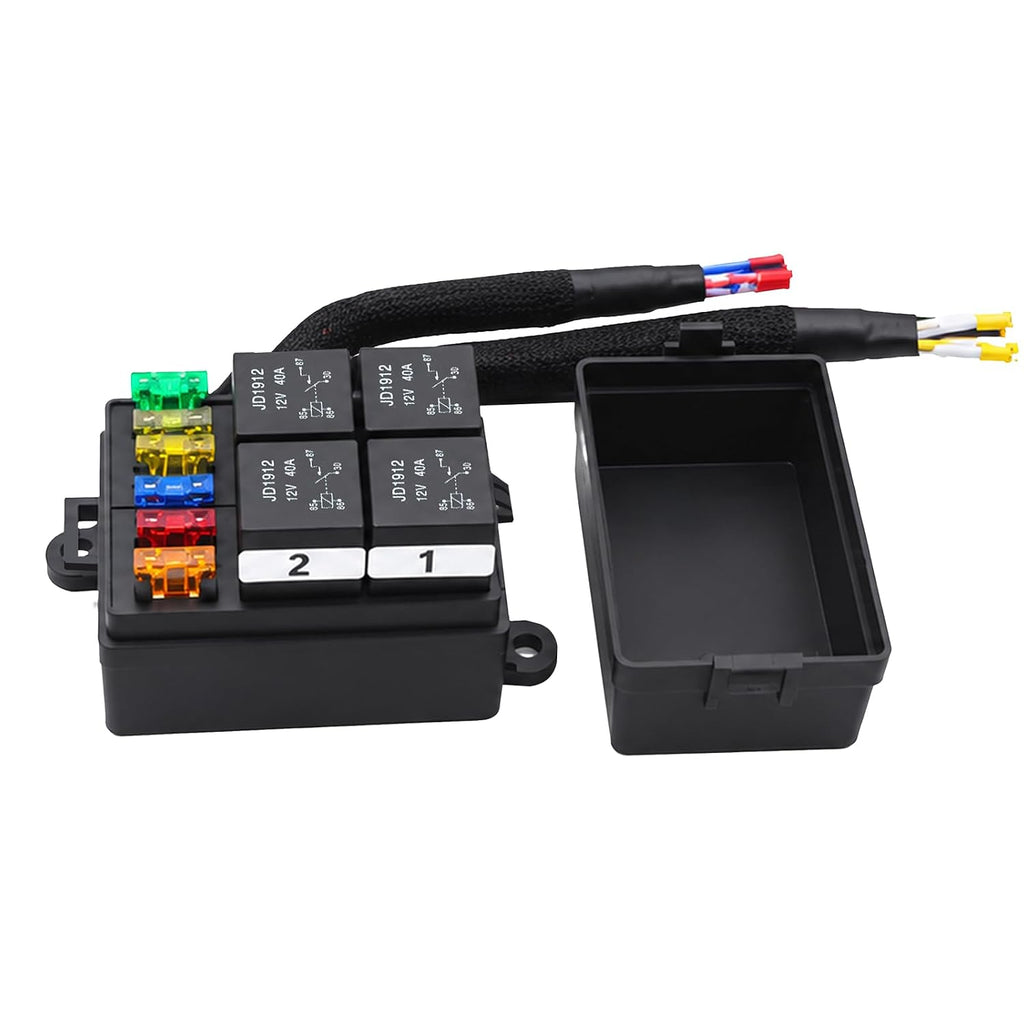 12V Pre-Wired Fuse and Relay Box Kit with 4 x 40A Relays & 6 ATC/ATO Fuses, Universal 4-Pin Relay Block for Cars, Trucks