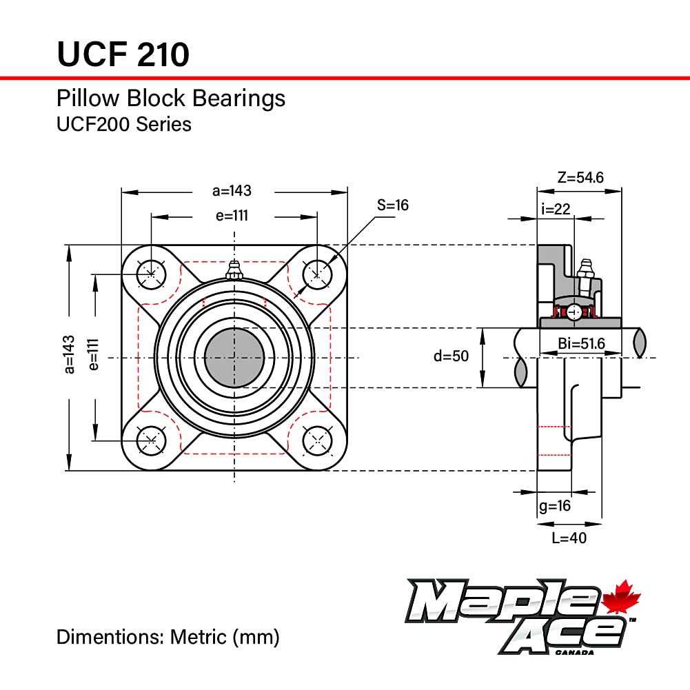 MAPLE ACE UCF210 Square Flange Bearing 50mm Bore Self-Aligning (Qty 1)