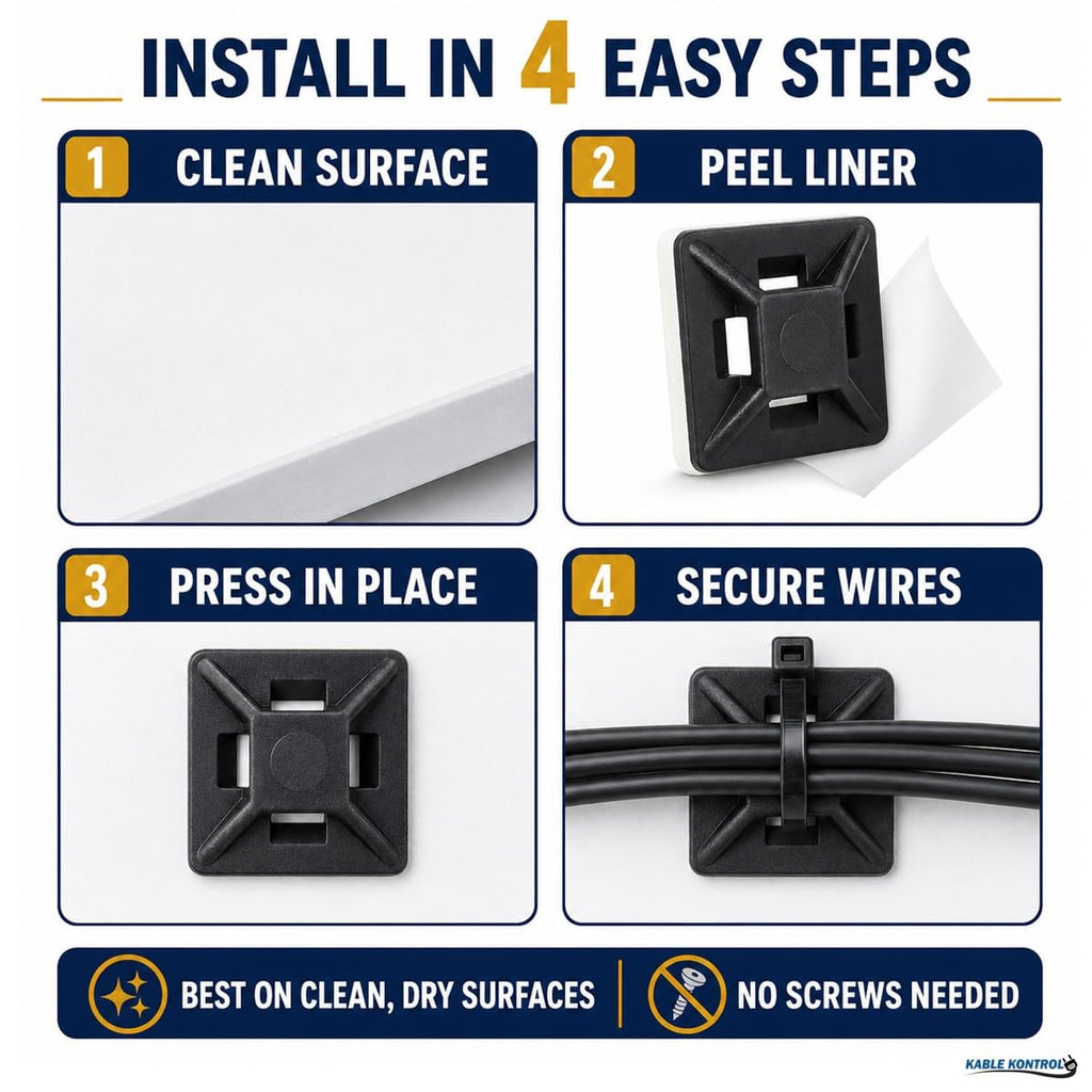Kable Kontrol Zip Tie Mounts, 1/2” Black, 100 Pcs Adhesive Backed