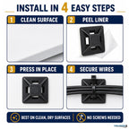 Kable Kontrol Zip Tie Mounts, 1/2” Black, 100 Pcs Adhesive Backed