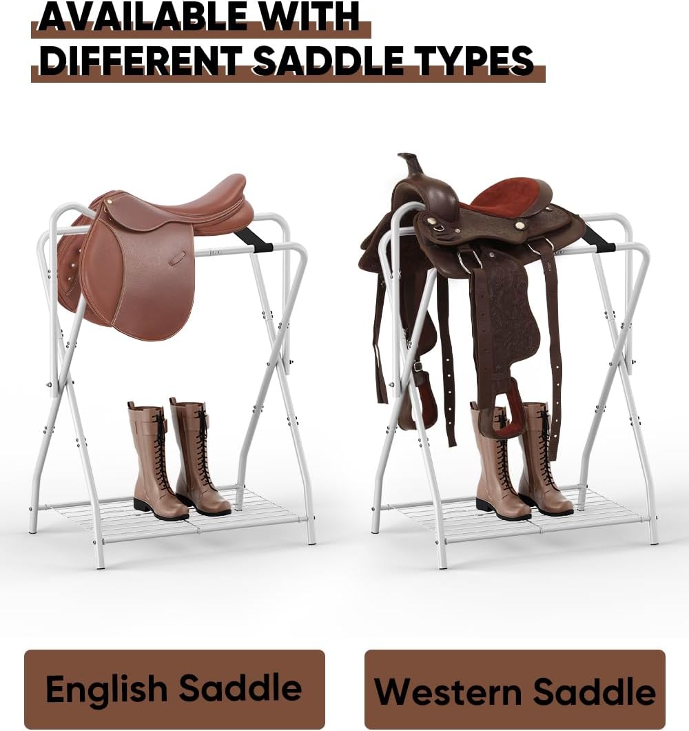 Foldable Saddle Rack with Bottom Storage for Horse Stable, White