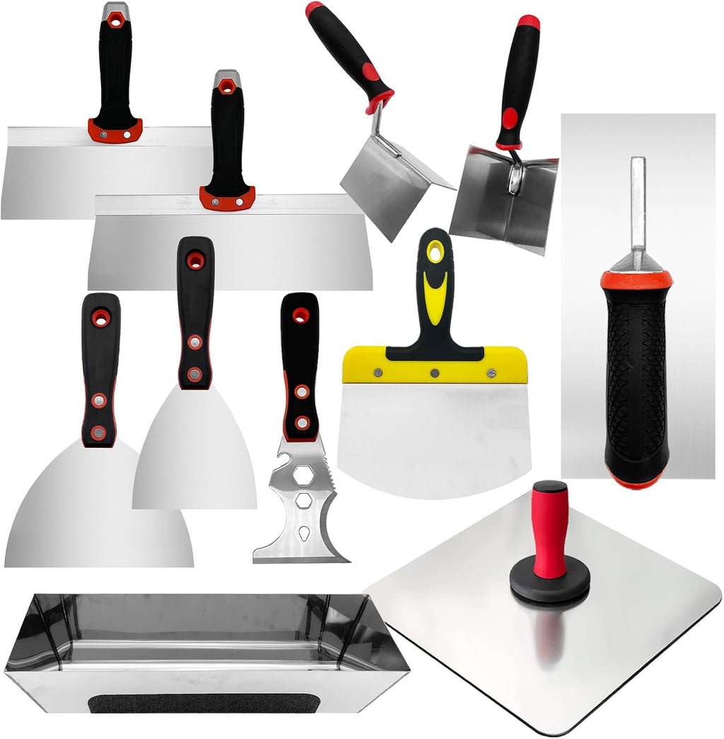 Drywall Hand Tool Set, 11 Pcs Putty Knife Set with Mud Pan | Aluminum Hawk, Finishing Trowel, Inside & Outside