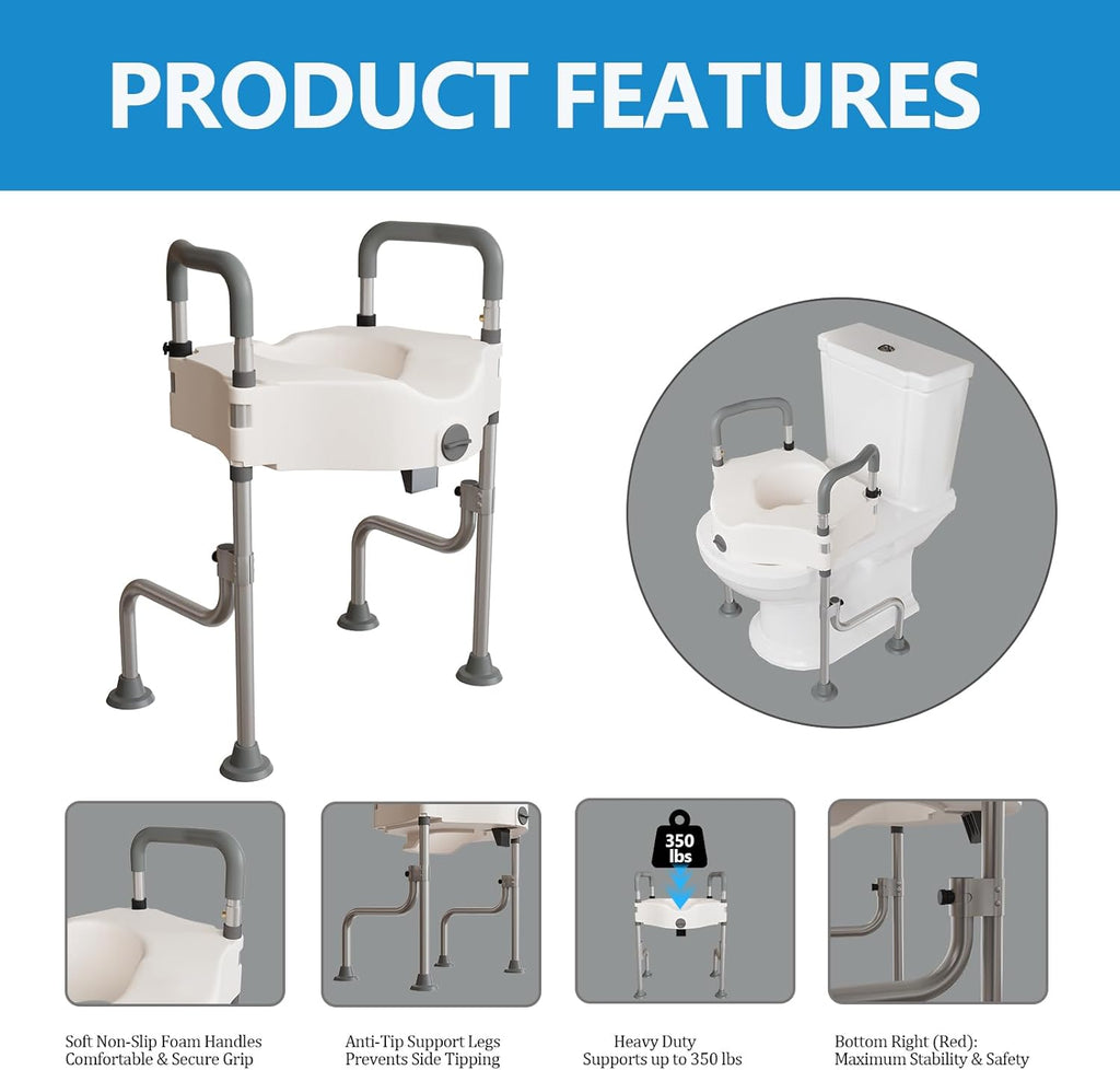 Extra Wide Elevated Toilet Seat Riser with Handles for Seniors - Height Adjustable Raised Toilet Seat, Heavy Duty