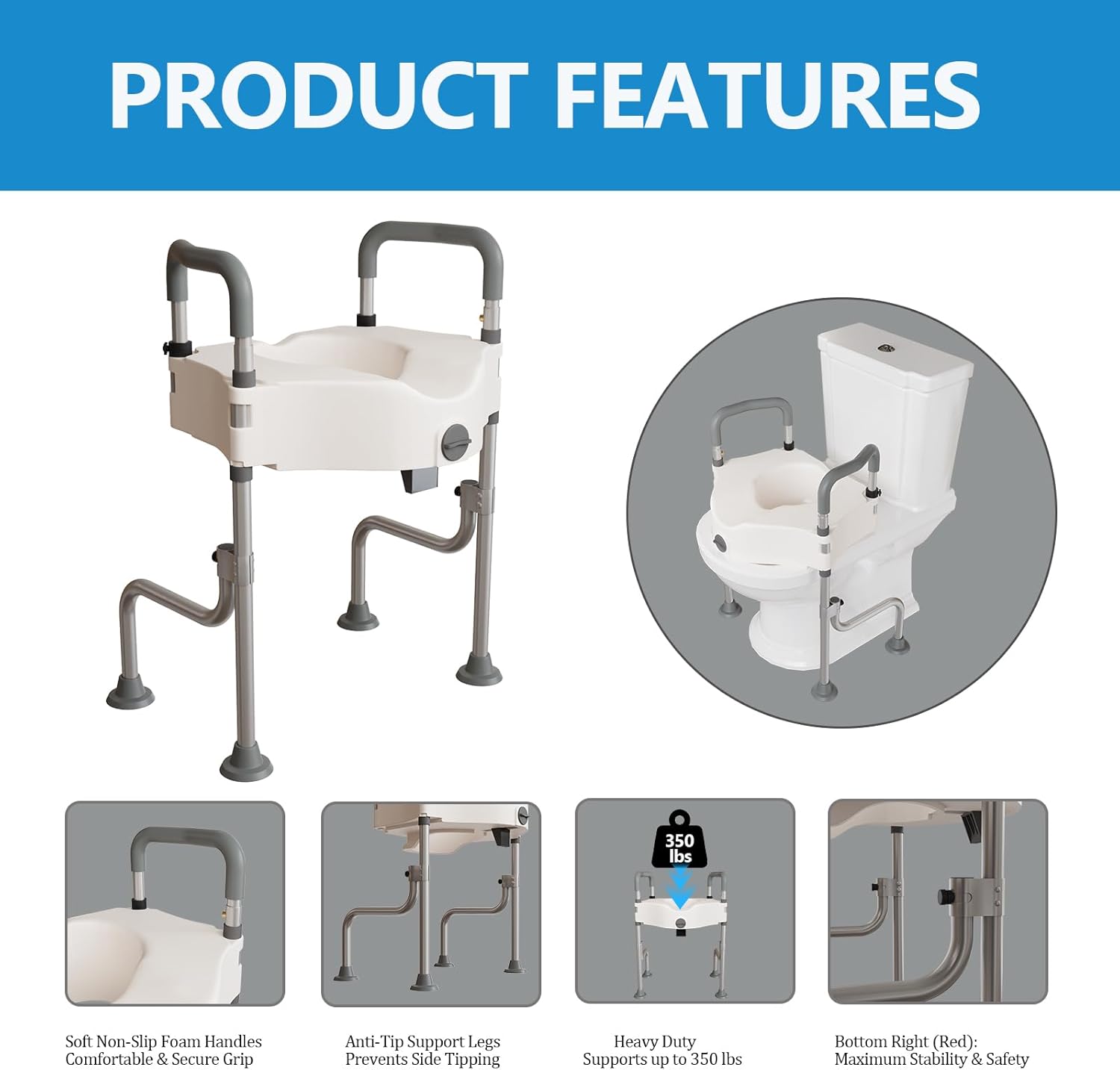 Extra Wide Elevated Toilet Seat Riser with Handles for Seniors - Height Adjustable Raised Toilet Seat, Heavy Duty