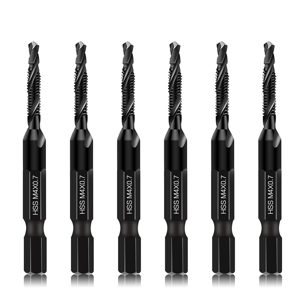 DKIBBITH 6 Packs M4 Combination Drill & Taps Bit Set, Screw Threading Tapping Tools in Size M4*0.7 with Anti-Rust Black Coating, 1/4" Hex Shank and Storage Case
