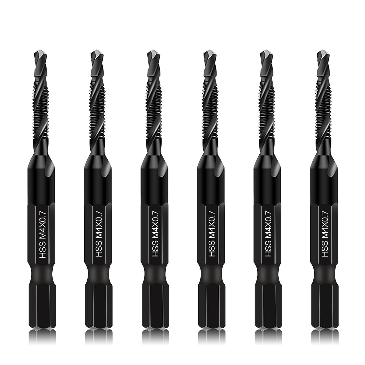 DKIBBITH 6 Packs M4 Combination Drill & Taps Bit Set, Screw Threading Tapping Tools in Size M4*0.7 with Anti-Rust Black Coating, 1/4" Hex Shank and Storage Case