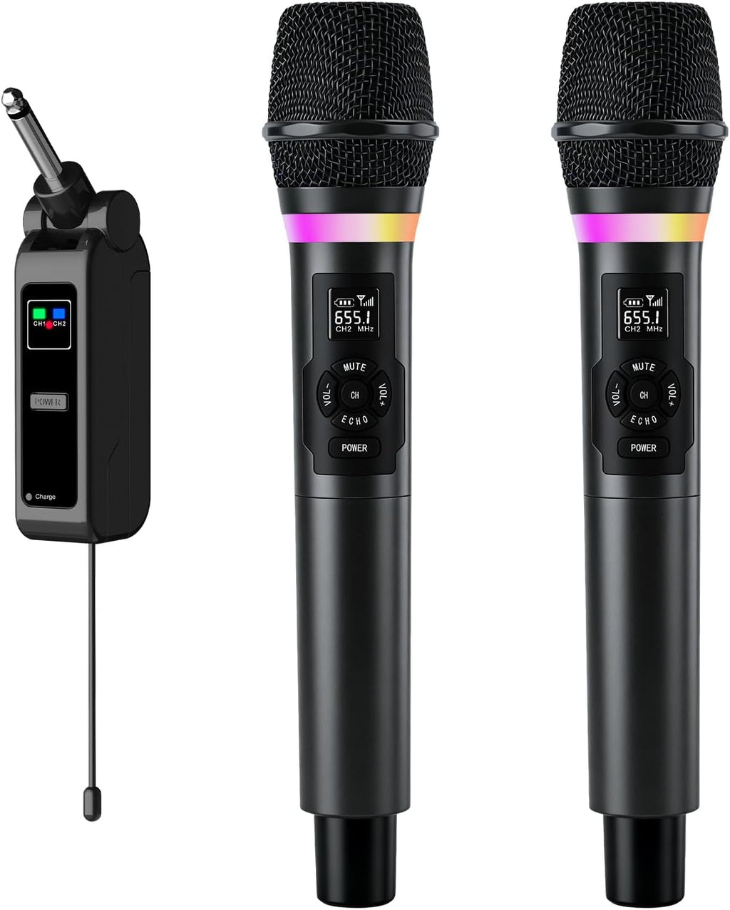 Wireless Microphones, Dual 2.4GHz Handheld Karaoke Mic System | Rechargeable Receiver with Volume, Echo, Treble, Bass
