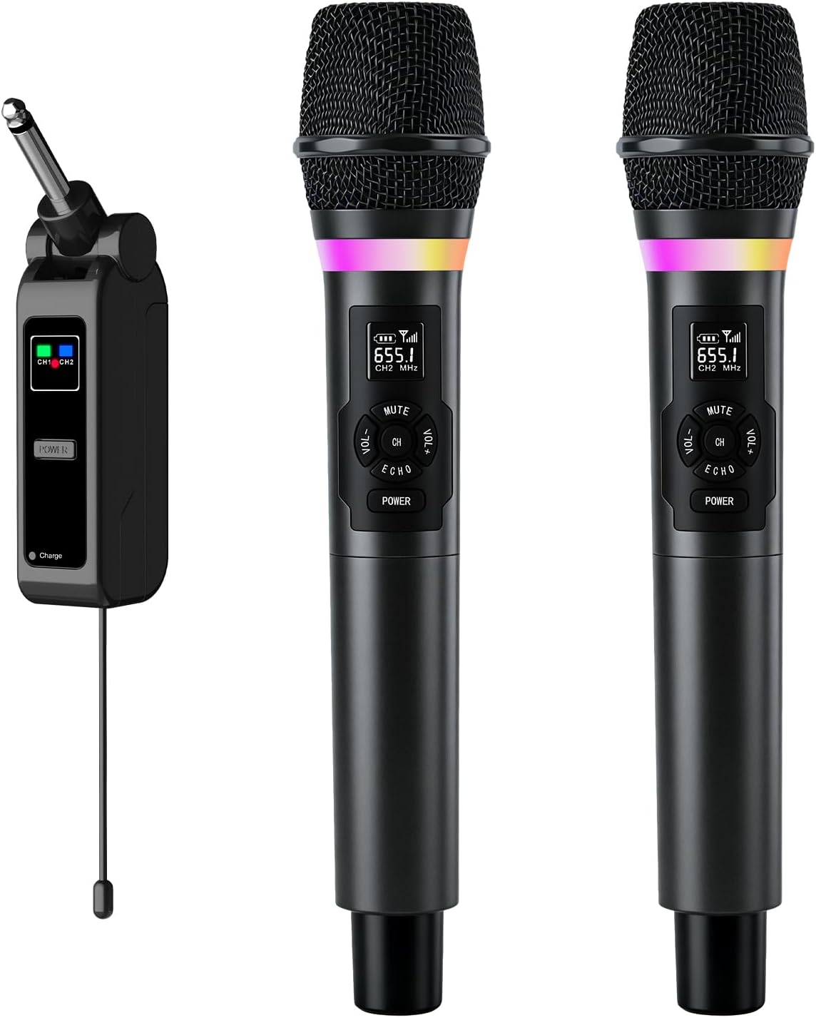 Wireless Microphones, Dual 2.4GHz Handheld Karaoke Mic System | Rechargeable Receiver with Volume, Echo, Treble, Bass
