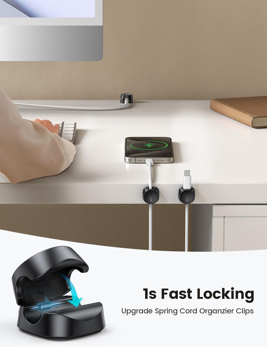 Cord Organizer [1s Lock] Spring Cable Holder Clips - 6Pack Desk Cable Management Clips, Phone Charger Cord [Smooth