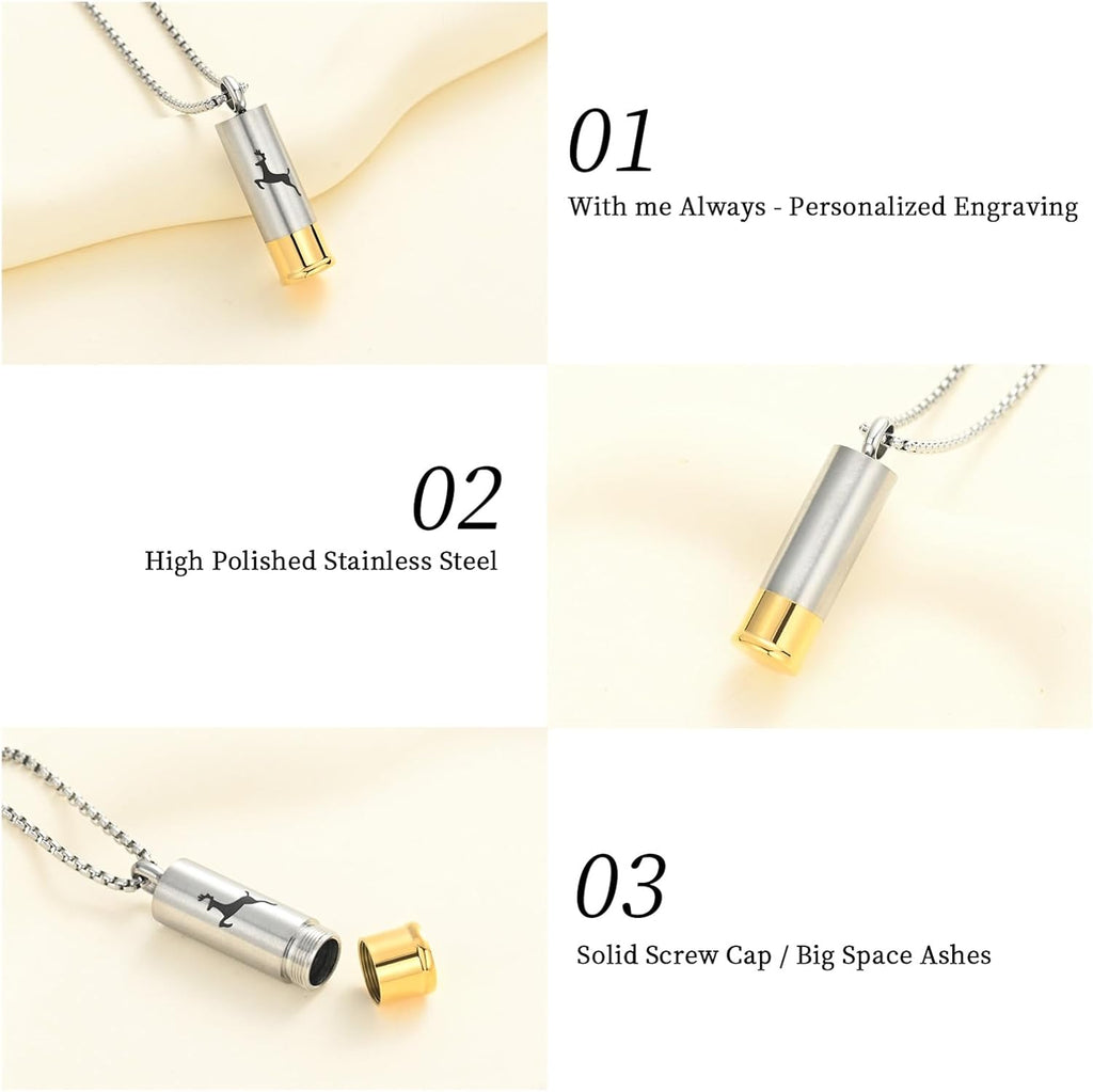 Shotgun Shell Cremation Jewelry Urn Necklace For Ashes Of Loved Ones -Dad/Mom/Son/Grandma/Grandpa Cylinder Memorial