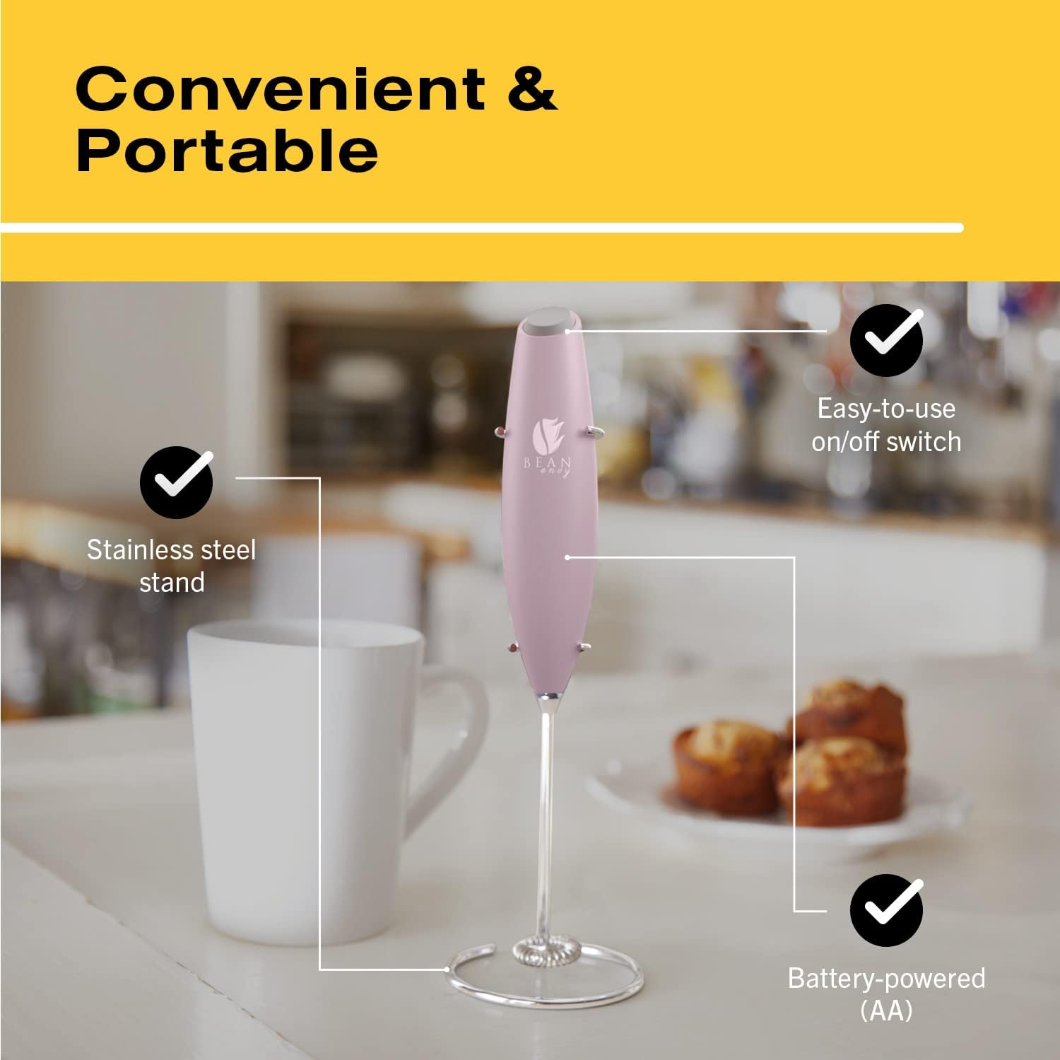 Milk Frother Handheld - Coffee Mixer Wand with Stand - Pink | Battery Operated, Stainless Steel Whisk, 19000 RPM