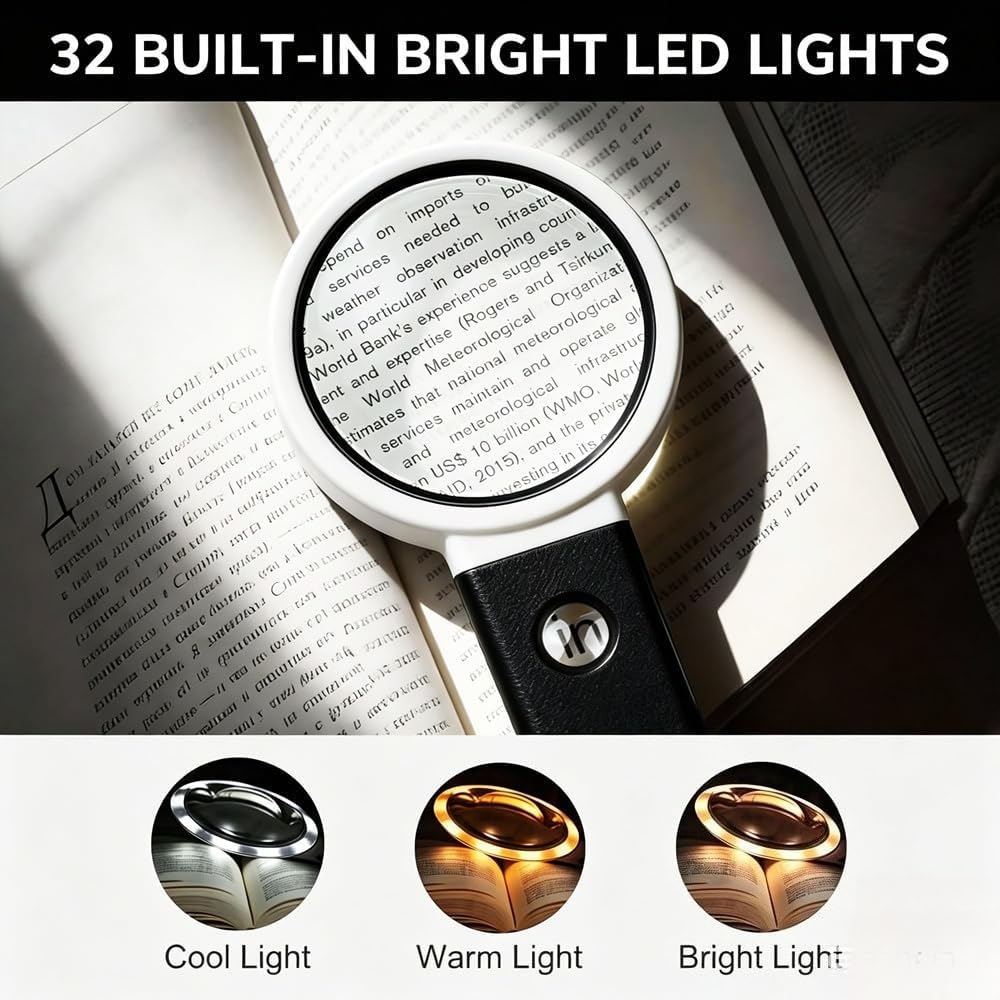 Handheld Magnifying Glass with LED Light with Stand, 10X and 25X Combined Magnification, Large Lens,Powered by